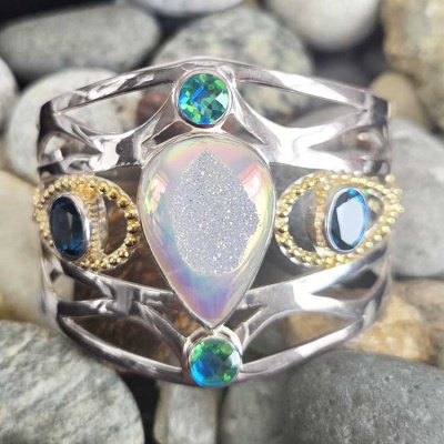 Opalized Window Druzy Cuff Bracelet with Caribbean and London Blue Quartz and Vermeil Accents