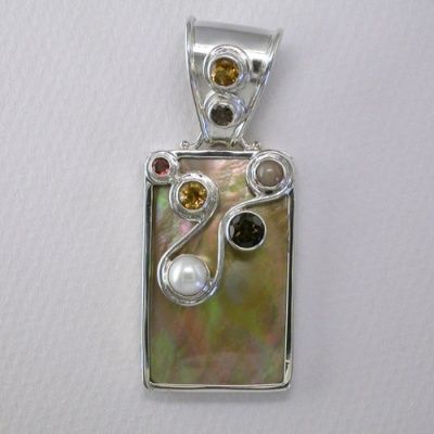 Golden Shell Pendant with Pearl, Pink Moonstone, Citrine, Garnet and Smoky Quartz