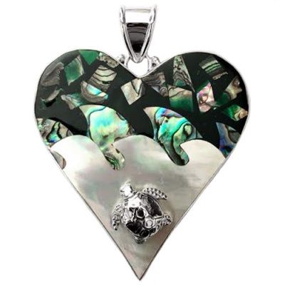 Mother of Pearl and Paua Shell Heart Pendant with Silver Sea Turtle