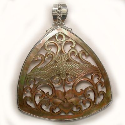 Carved Golden Shell Hummingbird Silver Pendant with Bezel
