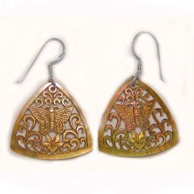 Hand Carved Golden Shell Butterfly and Lotus Flower Earrings