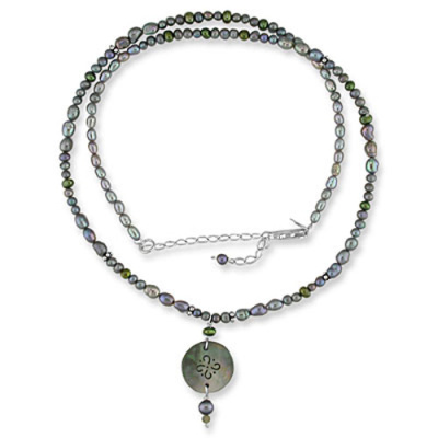 Gray and Green Pearl Necklace with Black Mother of Pearl Disk Charm