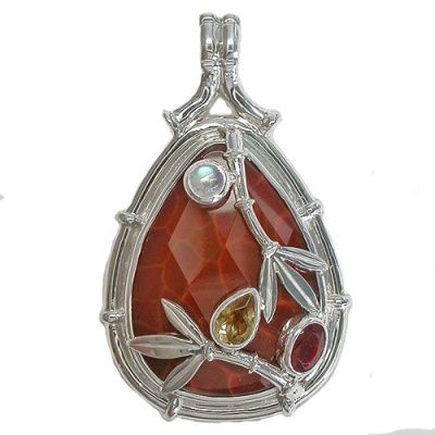 Bamboo Motif Pendant with Fire Agate, Fire Opal, Citrine and Rainbow Moonstone