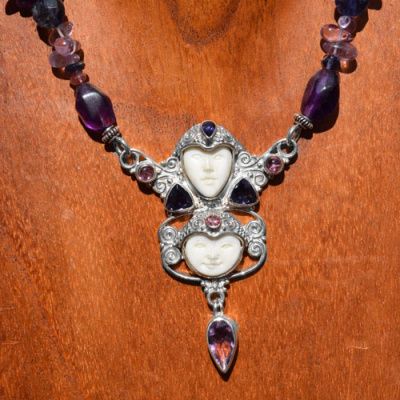Double Goddess with Amethyst, Iolite, and Pink Tourmaline on Beaded Necklace
