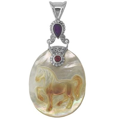 Multi Colored Mother of Pearl Horse Pendant with Amethyst and Pink Tourmaline