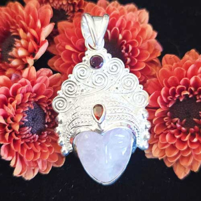 Sterling Silver Rose Quartz Goddess Pendant with Garnet