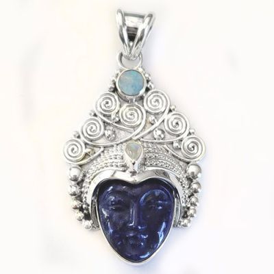 Lapis Goddess Pendant with Opal Doublet and Rainbow Moonstone