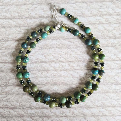 Turquoise, Vesuvanite and Glass Peanut Bead Beaded Necklace 18" + 2"
