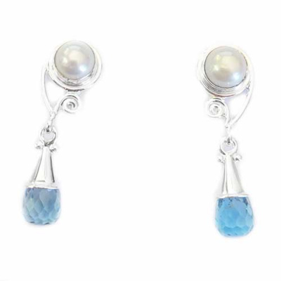 Sterling Silver Pearl Post Dangle Earrings with Blue Topaz Briolettes