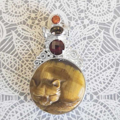 Tiger Eye Sleeping Cat Pendant with 18" Chain