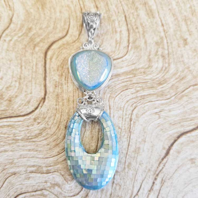Aqua Window Druzy Pendant with Mosaic Shell 