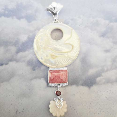 Mother of Pearl Mermaid Pendant with Rhodocrosite, Garnet, and Pink Shell