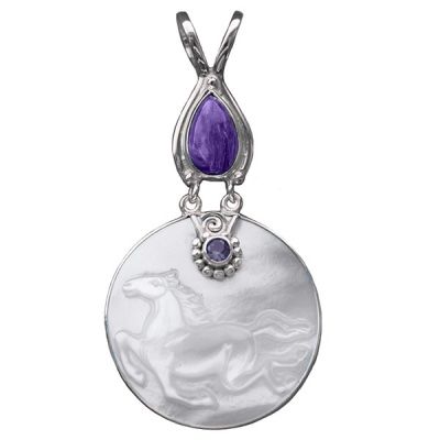 Mother of Pearl Horse Pendant with Charoite & Amethyst