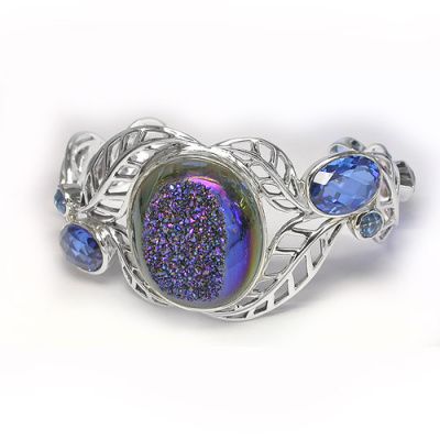 Sapphire Window Druzy Cuff Bracelet with Celestial Sapphire Colored Quartz, Celestial Lavender Quartz, and Celestial Light Blue Quartz 