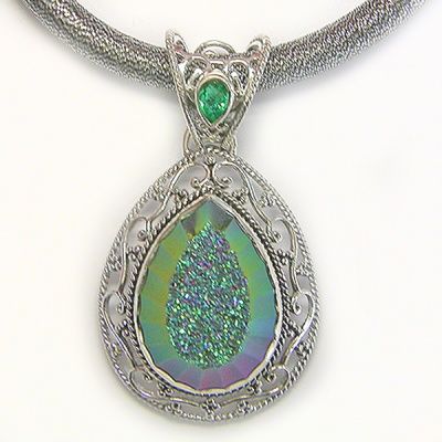 Faceted Forest Window Druzy Pendant and Thick Silk Cord with Silver Clasp