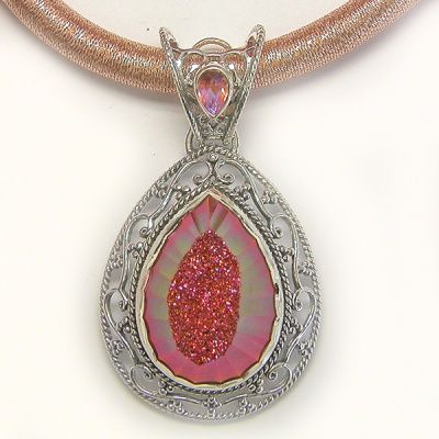 Faceted Sunset Window Druzy Pendant and Thick Silk Cord with Silver Clasp