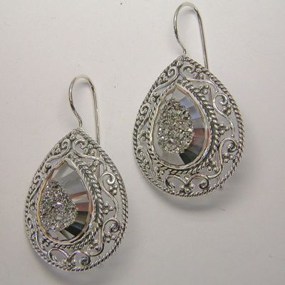 Platinum Druzy Ornate Sterling Silver Latch-back Earrings