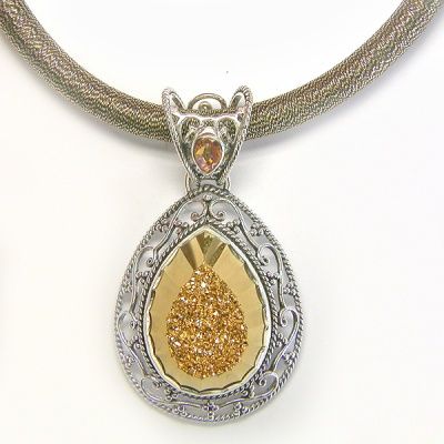 Faceted Gold Window Druzy Pendant and Thick Silk Cord with Silver Clasp