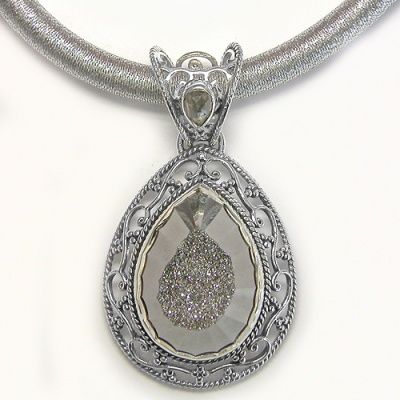 Faceted Platinum Window Druzy Pendant and Thick Silk Cord with Silver Clasp