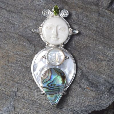 Mother and Child Pin-Pendant with Paua Shell, Moonstone and Peridot