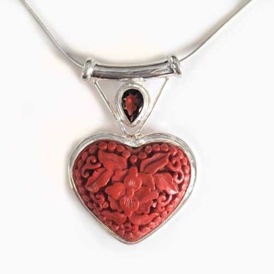 Cinnabar Heart Pendant with Garnet and Chain