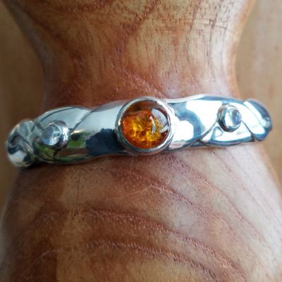 Amber and Rainbow Moonstone Cuff Bracelet