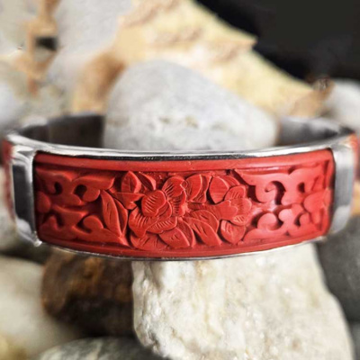 Wide Sterling Silver Red Cinnabar Bangle 