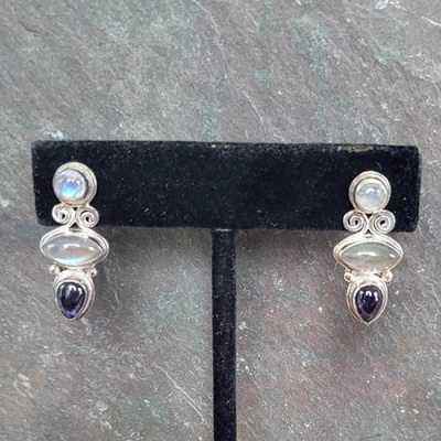 Post Earrings with Rainbow Moonstone, Labradorite, and Iolite
