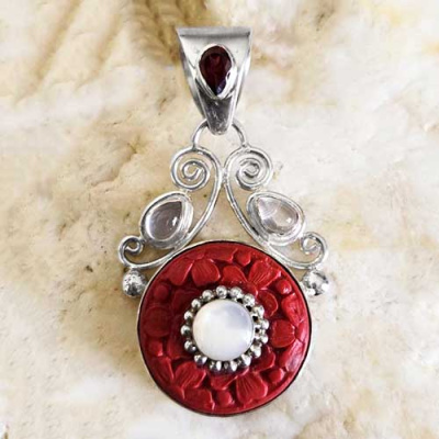 Sterling Silver Cinnabar Pendant with Garnet, Moonstone and Mother of Pearl