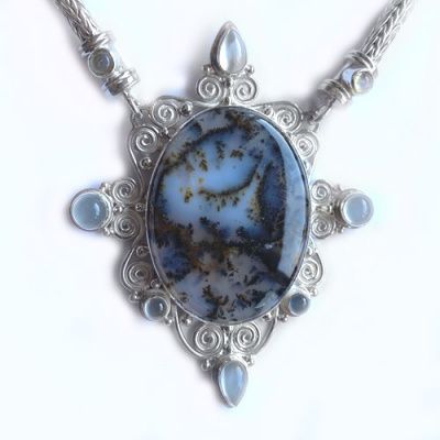 Sterling Silver Dendric Agate Javanese Necklace with Moonstone