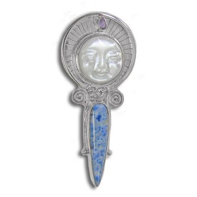 Mother of Pearl Goddess Pin-Pendant with Denim Lapis, Aquamarine and Tanzanite