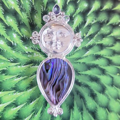 Sterling Silver Goddess Pin Pendant with Paua Shell, Tanzanite, and Aquamarine