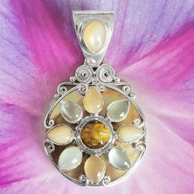 One of a Kind Tiger Eye Goddess Pendant with Golden Shell, and Pink and Grey Moonstone