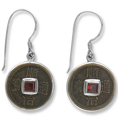 Chinese Coin and Garnet Silver Earrings