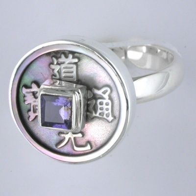 Rainbow Shell Coin and Iolite Ring