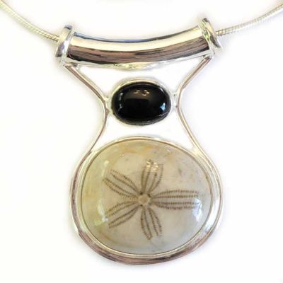 Fossilized Sand Dollar and Black Star Diopside (5x8mm) Pendant with Chain