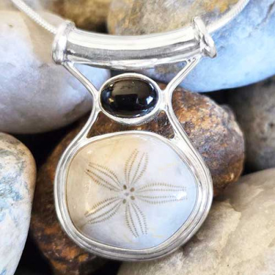 Fossilized Sand Dollar and Black Star Diopside (5x8mm) Pendant with Chain