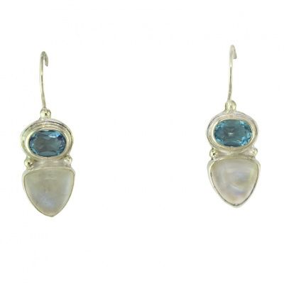 Silver Blue Topaz and Rainbow Moonstone Latchback Earrings