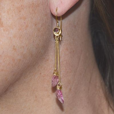 22k Vermeil Pink Tourmaline Leaf Dangle Earrings