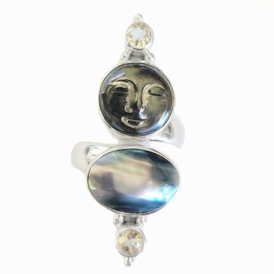 Sterling Silver Hematite Goddess Ring with Blue Mabe Pearl and White Topaz