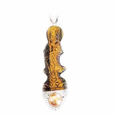 Hand Carved Tiger Eye Kuan Yin Pendant with Pink Pearl