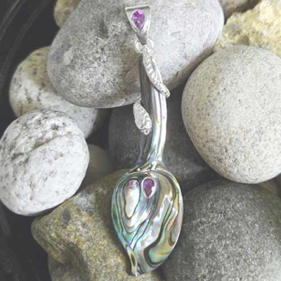 Paua Shell Calla Lily Pendant with Silver Serpent