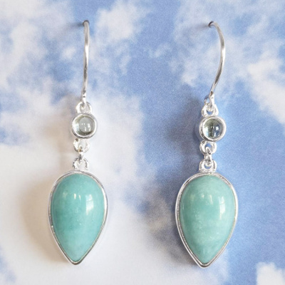 Amazonite Pear Dangle Earrings with Sky Blue Topaz