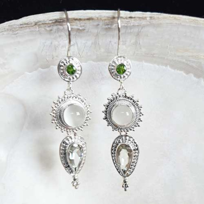 Chrome Diopside, Moonstone, and Green Amethyst Latch-Back Earrings