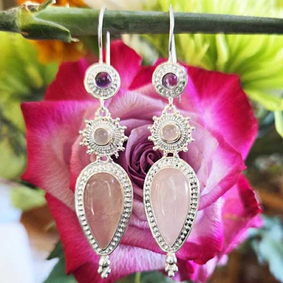 Rose Quartz, Moonstone and Amethyst Latch-Back Earring