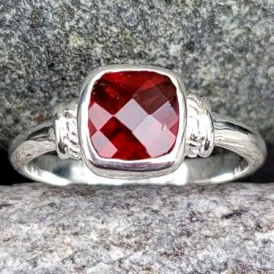 Checkerboard Faceted Garnet Sterling Silver Ring