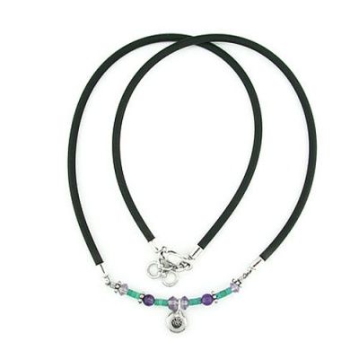 Turquoise and Amethyst Beads with Silver Charm on Soft Rubber Necklace