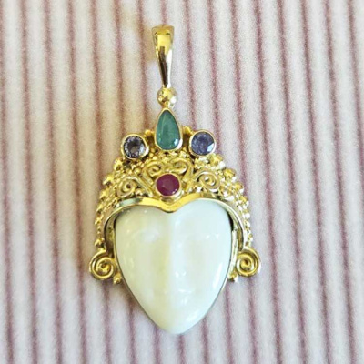 18K GOLD Goddess Pendant with Ruby, Emerald and Tanzanite