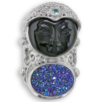 Rainbow Obsidian Goddess Ring with Caribbean Druzy & Apatite