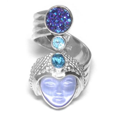 Blue Fiber Optic Goddess Bypass Ring with Druzy and Blue Topaz